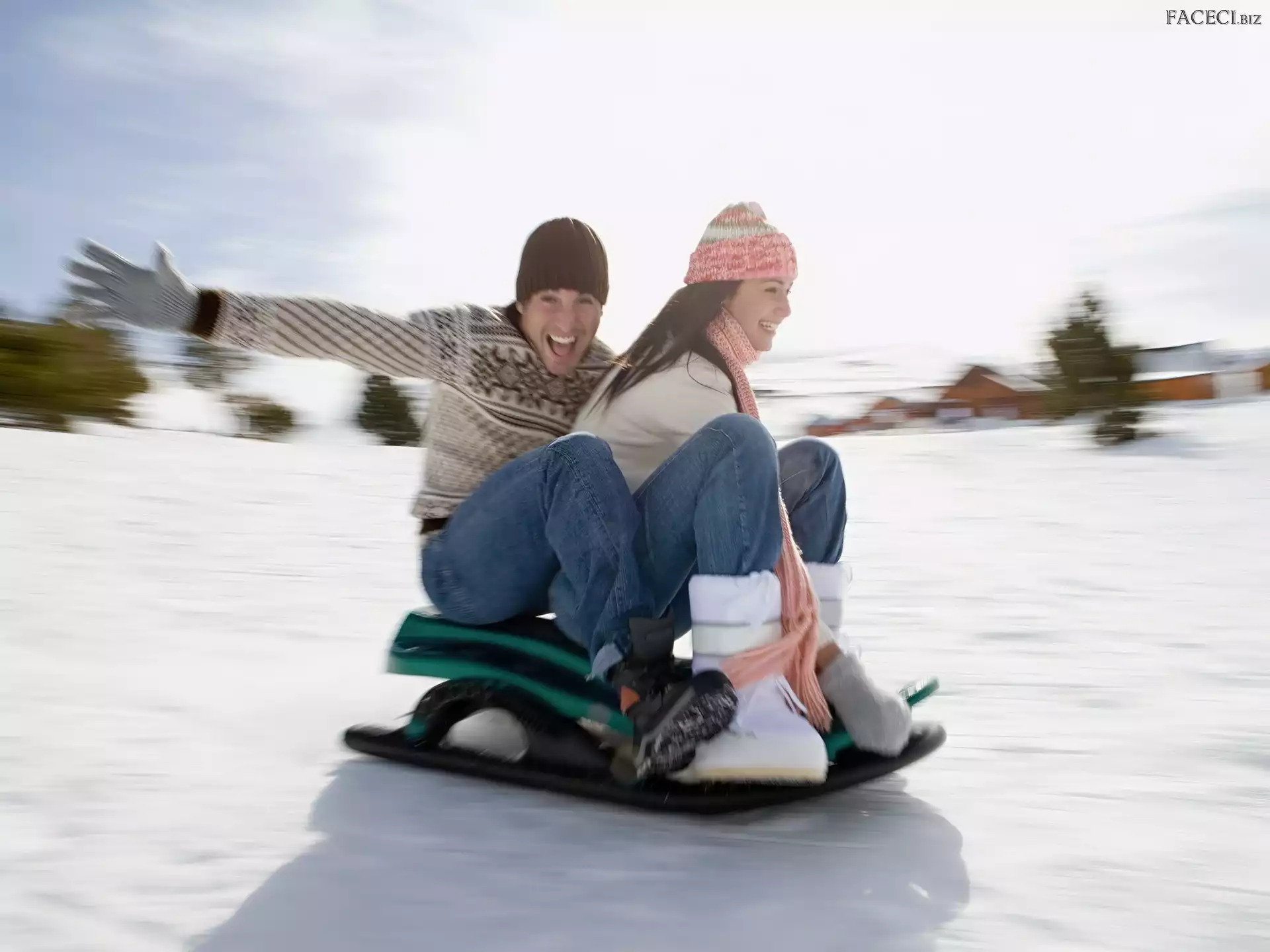 Jazda, Saneczki, Para, Zima, Åšnieg