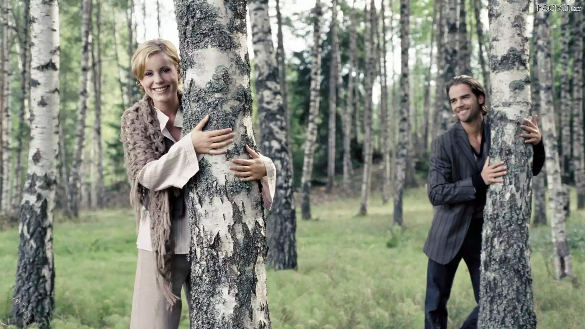 Brzozy, Kobieta, Para, Las, Drzewa, Mężczyzna, Miłość