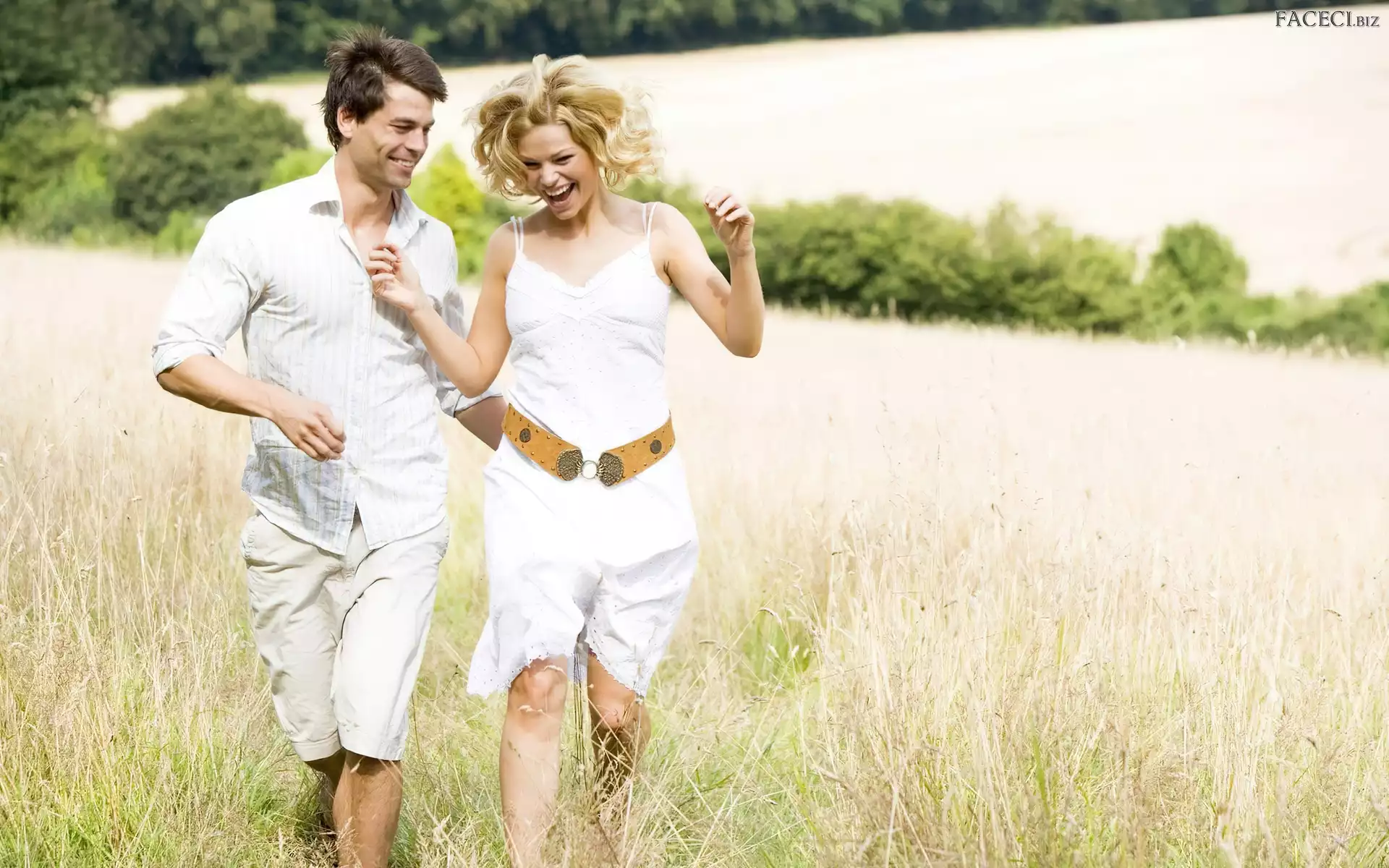 Kobieta, Trawa, Mężczyzna, Radość