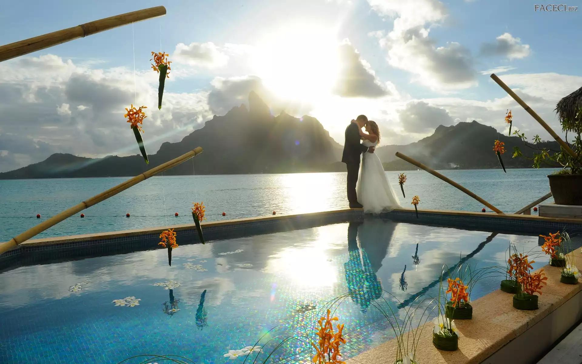 Ślubna, Mężczyzna, Murek, Jezioro, Kobieta, Suknia