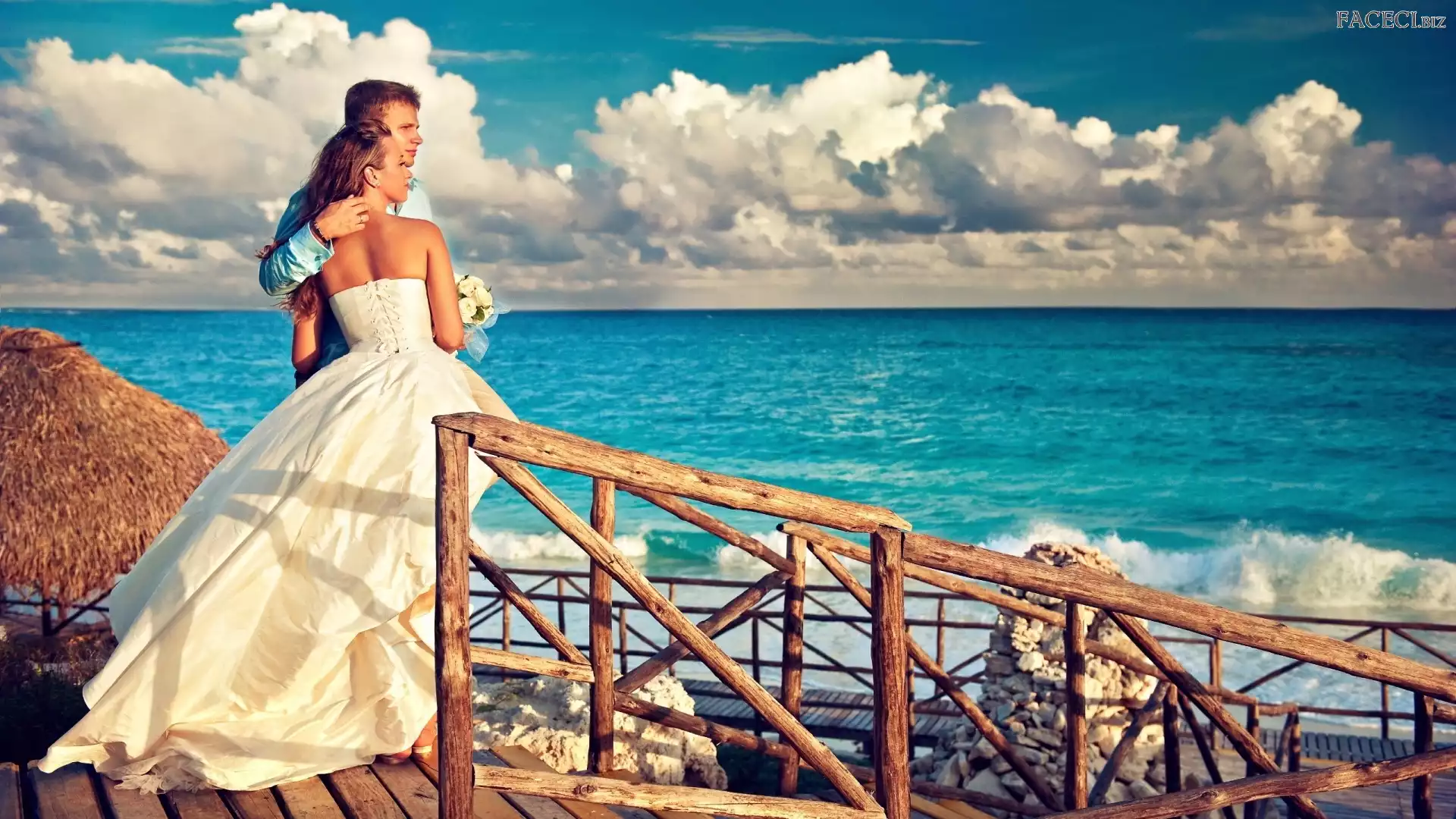 Molo, Para, Obłoki, Niebo, Młodych, Morze